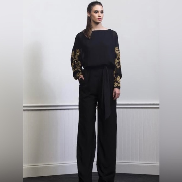 Ese’ Azenabor Pants - Black Silk Chiffon Jumpsuit with Gold Beaded Batwing Sleeves | Esé Azénabor